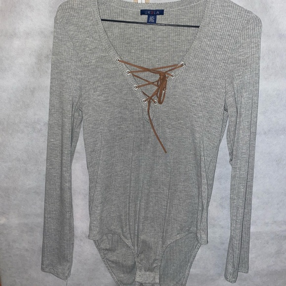 Grey tie up ribbed bodysuit - Picture 1 of 3